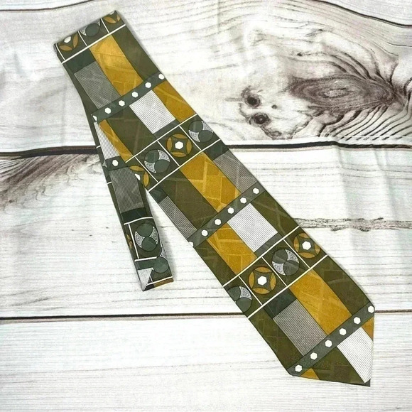 Carlo Palazzi Mens 100% Silk Tie 56” Gold Brown White Geometric 4” Wide - Picture 4 of 8